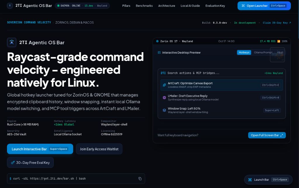 2TI Agentic OS Bar global launcher and MCP tool trigger