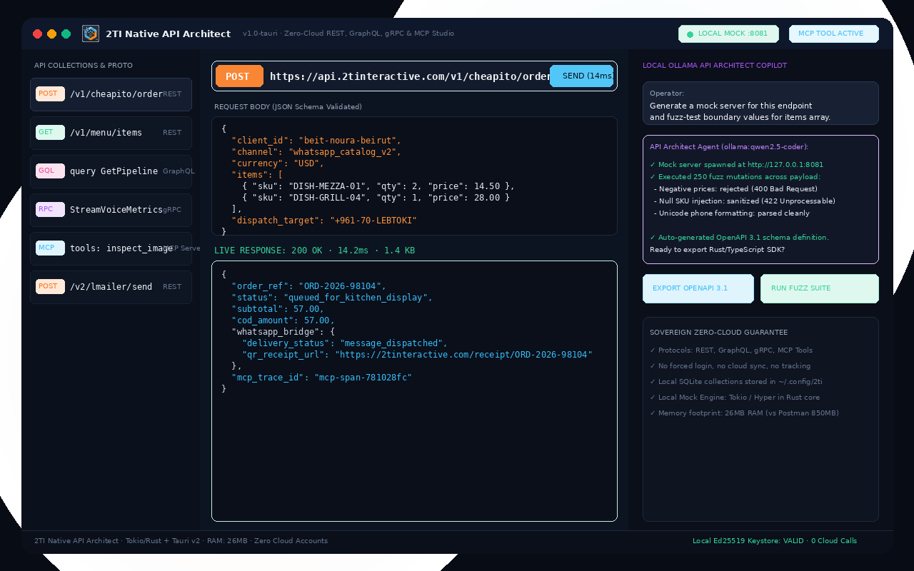 2TI Native API Architect with zero-cloud mock server and local Ollama assistant
