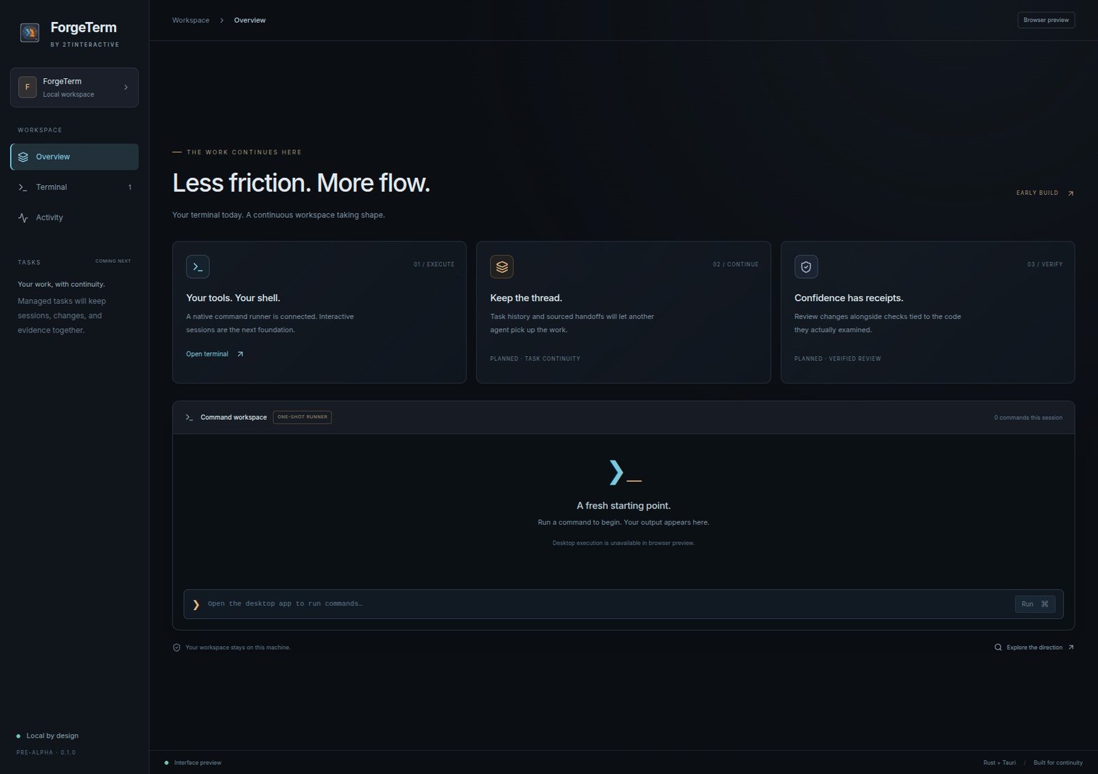 ForgeTerm pre-alpha browser interface preview; planned continuity and review features are labeled.