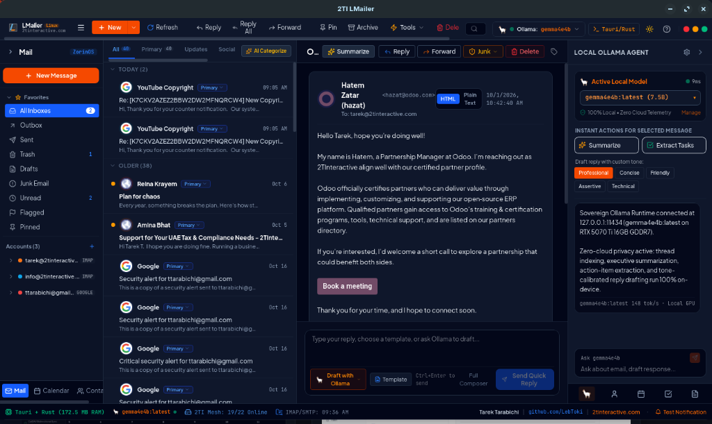 2TI LMailer showing the branded 2TI LMailer header, multi-account unified inbox, and the Local Ollama Agent sidebar running gemma4e4b on a local RTX GPU