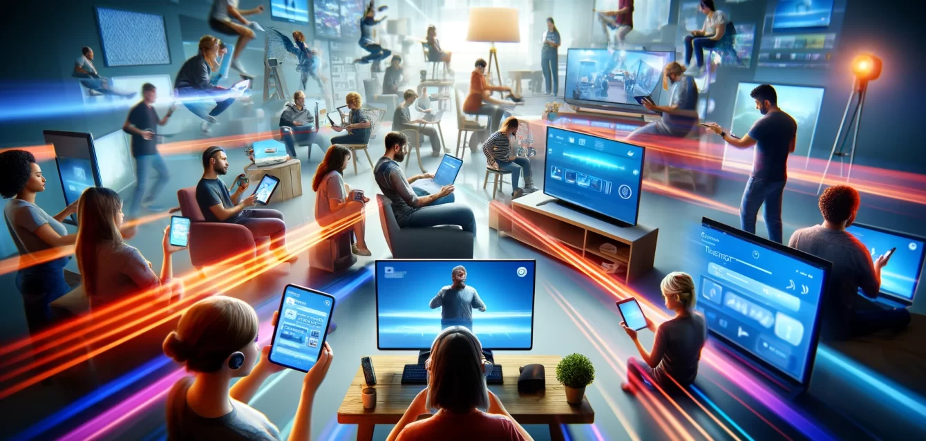 Dall·e 2024 04 12 09.56.55 A Dynamic Scene Depicting Multiple Users Utilizing Promptx Teleprompting Devices Across Various Platforms In Different Settings. The Image Shows Indiv