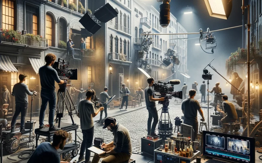 Dall·e 2024 03 22 22.55.07 Visualize An Ultra Realistic And Highly Detailed Scene Of A Media Production Crew Working On A Set. The Set Is Bustling With Activity Featuring A Dir