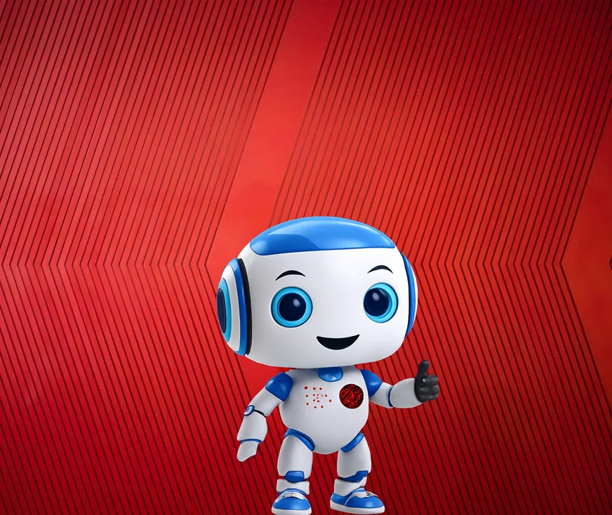 2TInteractive AI assistant welcoming users with a thumbs up in front of a red futuristic digital backdrop